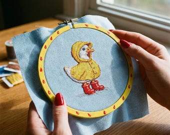 Regenmantel-Gans Kreuzstich-Muster: Ente in der gelben Jacke und roten Stiefeln Stickdatei PDF
