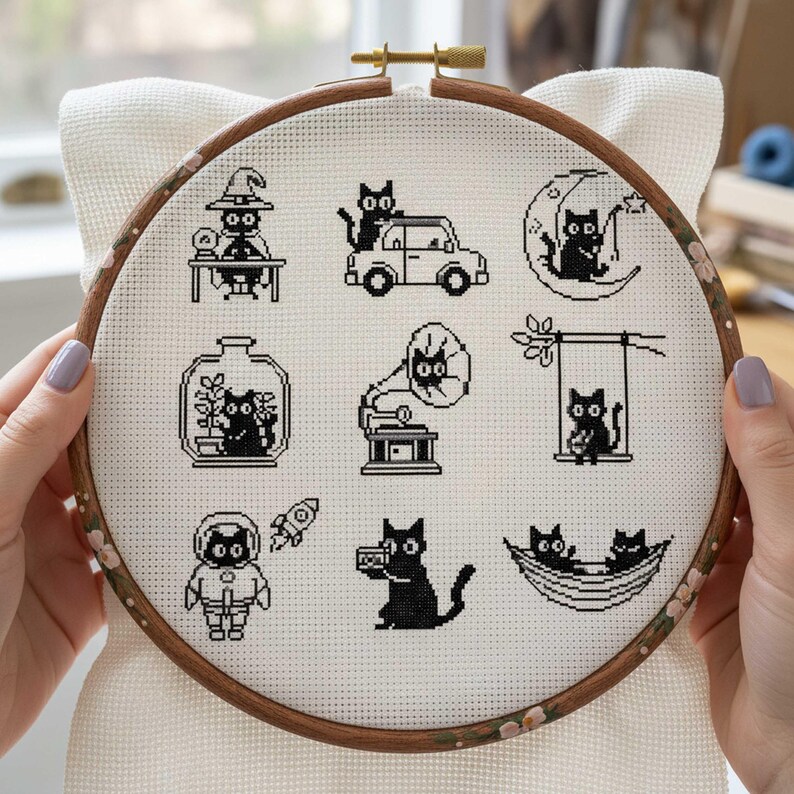 This fantasy cross-stitch pattern features a hobbit-style cottage illustrated across all four seasons, each framed within a decorative postage stamp border. Spring blooms with soft flowers and gentle sunlight, summer glows with lush greenery, autumn warms the scene with golden leaves, and winter settles into a peaceful snowfall beneath a glowing moon. The rounded door, grassy roof, and winding path tie each scene together, creating a cohesive yet varied seasonal collection.