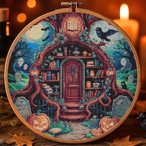 Haunted Tree Library Cross Stitch Pattern Halloween Spooky Autumn Tree Embroidery Pattern Witchy Forest Library Halloween Cross Stitch PDF