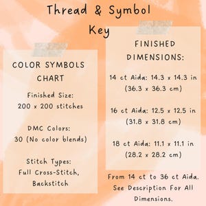 May include: A chart with text detailing cross-stitch specifications. It includes finished size, DMC colors, and stitch types. Finished dimensions are listed for 14, 16, and 18 ct Aida fabric, with measurements in inches and centimeters. The text reads "Thread & Symbol Key."