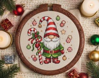 Candy Cane Gnome Cross Stitch Pattern: Holiday Christmas Gnome Embroidery PDF with Peppermint Ornaments