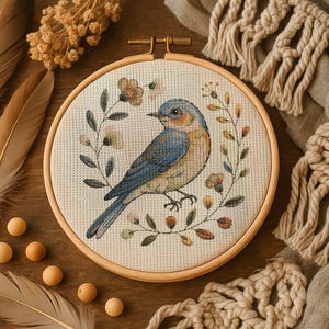 Autumn Bird Cross Stitch Pattern Flowers Bluebird Embroidery Floral Bluebird Nature Garden Bird Botanical Songbird Cross Stitch PDF Beginner