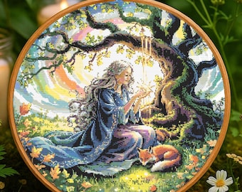 Fantasy Forest Girl With Magical Fox Cross Stitch Pattern Woman With fox fantasy Garden scene celestial stitching Fantasy Embroidery PDF