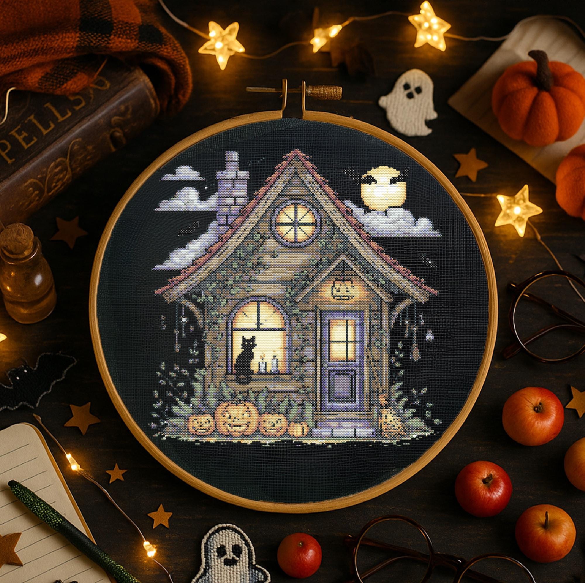 Halloween Witch House With Black Cat Cross Stitch Pattern Spooky ...