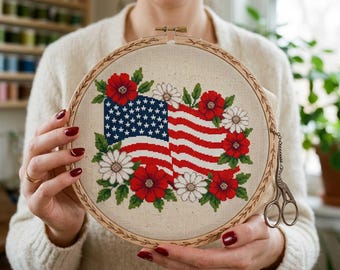 Patrón de punto de cruz de la bandera de EE. UU.: Bandera patriótica con flores rojas y blancas (PDF para bordar)
