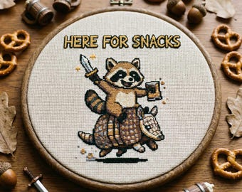 Humorous Fantasy Animal Cross Stitch Pattern: Raccoon Adventurer Here for Snacks Embroidery PDF