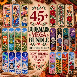 45+ Bokmärkes-Korsstygnspaket: Mysiga Bokmärkesmönster För Jul, Halloween, Höst, Fantasy, Blommor