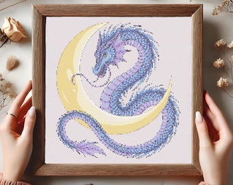 Celestial Dragon and Crescent Moon Cross Stitch Pattern, Fantasy Embroidery Design, Mystical Lunar Needlework, Mythical Dragon Cross Stitch