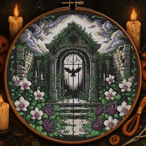 Gothic Garden Gate Cross Stitch Pattern Spooky Floral Castle Gate Embroidery Dark Fantasy Bird Gothic Witchy Halloween  Cross Stitch PDF