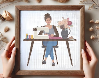 Sewing Girl Cross Stitch Pattern, Seamstress at Work Cross Stitch, Sewing Lover Embroidery Design, Handmade Needlework, PDF Instant Download