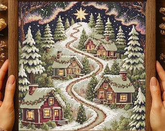 Christmas Hilltop Village Cross Stitch Pattern  Starry Christmas Village Mountain Embroidery Pattern Cozy Christmas Holiday Cross Stitch PDF