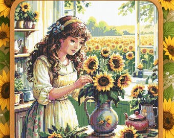 May include: A young woman in a white dress with a floral pattern is arranging a bouquet of sunflowers in a blue and white ceramic pitcher. The sunflowers are in a kitchen setting with a window in the background.