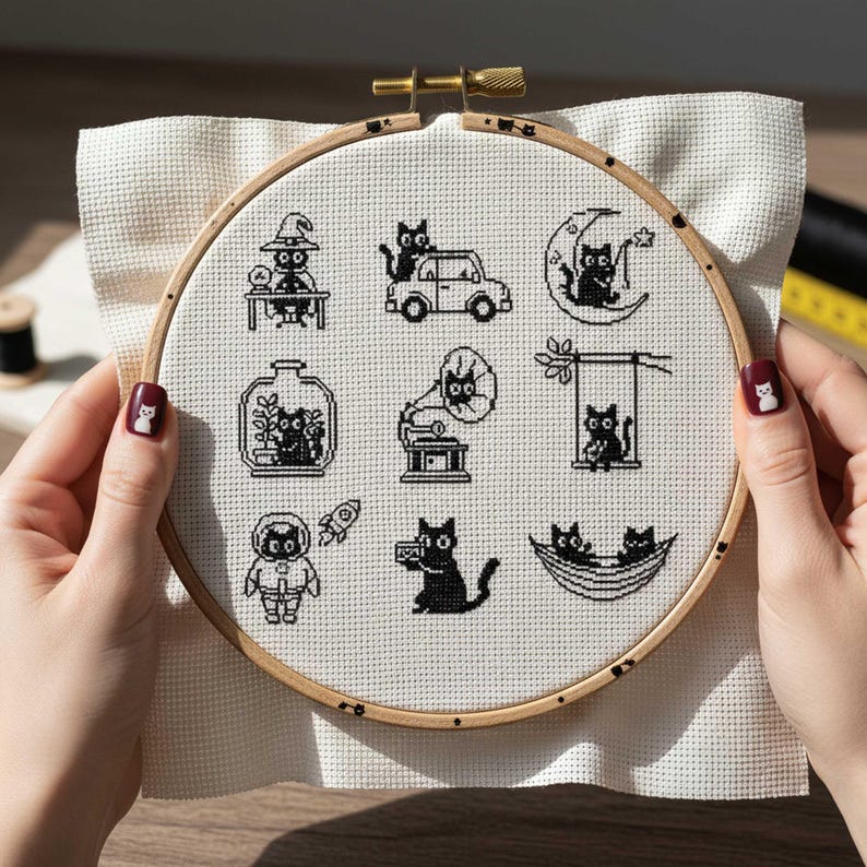 This fantasy cross-stitch pattern features a hobbit-style cottage illustrated across all four seasons, each framed within a decorative postage stamp border. Spring blooms with soft flowers and gentle sunlight, summer glows with lush greenery, autumn warms the scene with golden leaves, and winter settles into a peaceful snowfall beneath a glowing moon. The rounded door, grassy roof, and winding path tie each scene together, creating a cohesive yet varied seasonal collection.