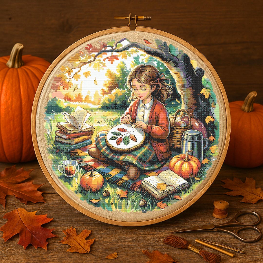 Autumn Forest Embroidery Girl Cross Stitch Pattern Cozy Fall Stitching ...