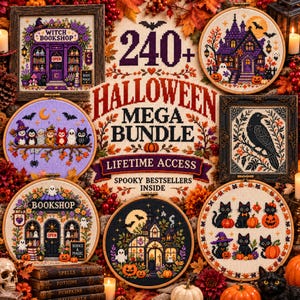 Könnte beinhalten: Eine Sammlung von Kreuzstichmustern mit Halloween-Motiven, darunter ein Hexenbuchladen, ein Spukhaus, eine Krähe und schwarze Katzen. Der zentrale Text lautet 240+ HALLOWEEN MEGA BUNDLE LIFETIME ACCESS SPOOKY BESTSELLERS INSIDE.