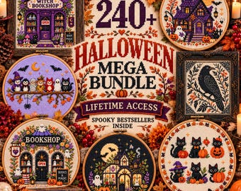 Paquete de punto de cruz de Halloween con más de 240 patrones, bordado de esqueleto gótico espeluznante en PDF, acceso de por vida.