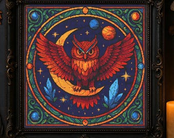 Patrón de punto de cruz de búho de fantasía con vitrales, diseño de bordado de búho cósmico lunar, búho celestial en vitral, pájaro místico en punto de cruz