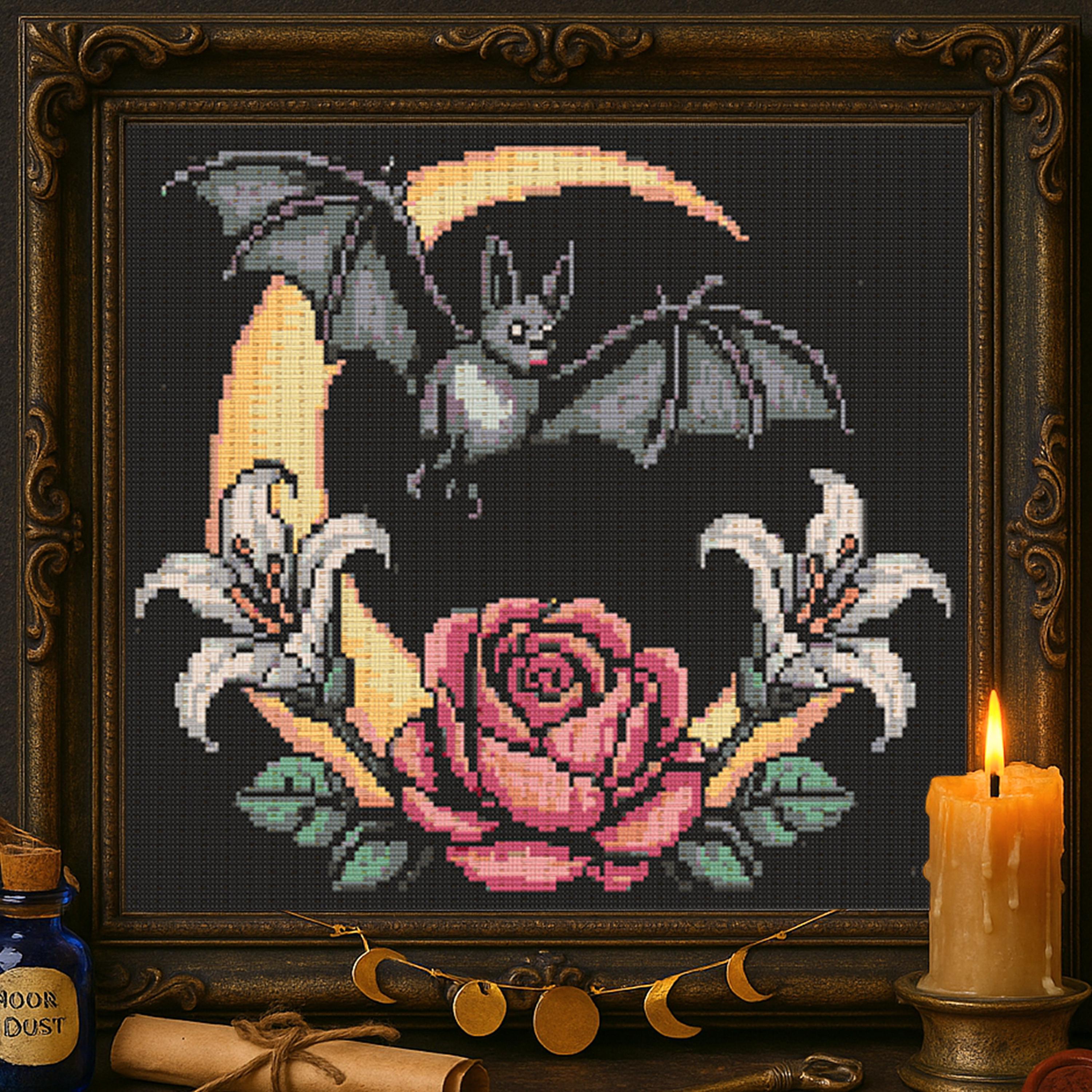 ゴシックコウモリの花のクロスステッチパターン天体コウモリ月花刺繍