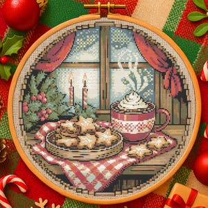 Cozy Christmas Window Cross Stitch Pattern Festive Holiday Window Scene with Cookies Embroidery Pattern Cozy Christmas Winter Cross Stitch