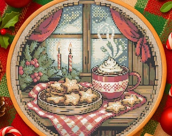 Cozy Christmas Window Cross Stitch Pattern Festive Holiday Window Scene with Cookies Embroidery Pattern Cozy Christmas Winter Cross Stitch