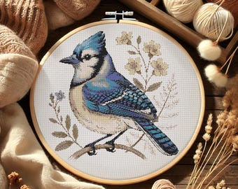 Blue Jay kruissteekpatroon lente botanische vogel borduurwerk bloemen Bluebird natuur bosrijke botanische zangvogel kruissteek PDF beginners