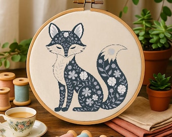 Blue Fox Floral  Cross Stitch Pattern Fantasy Woodland Flowers Fox Embroidery Animal Botanical Forest Stitch Pattern PDF For Beginner