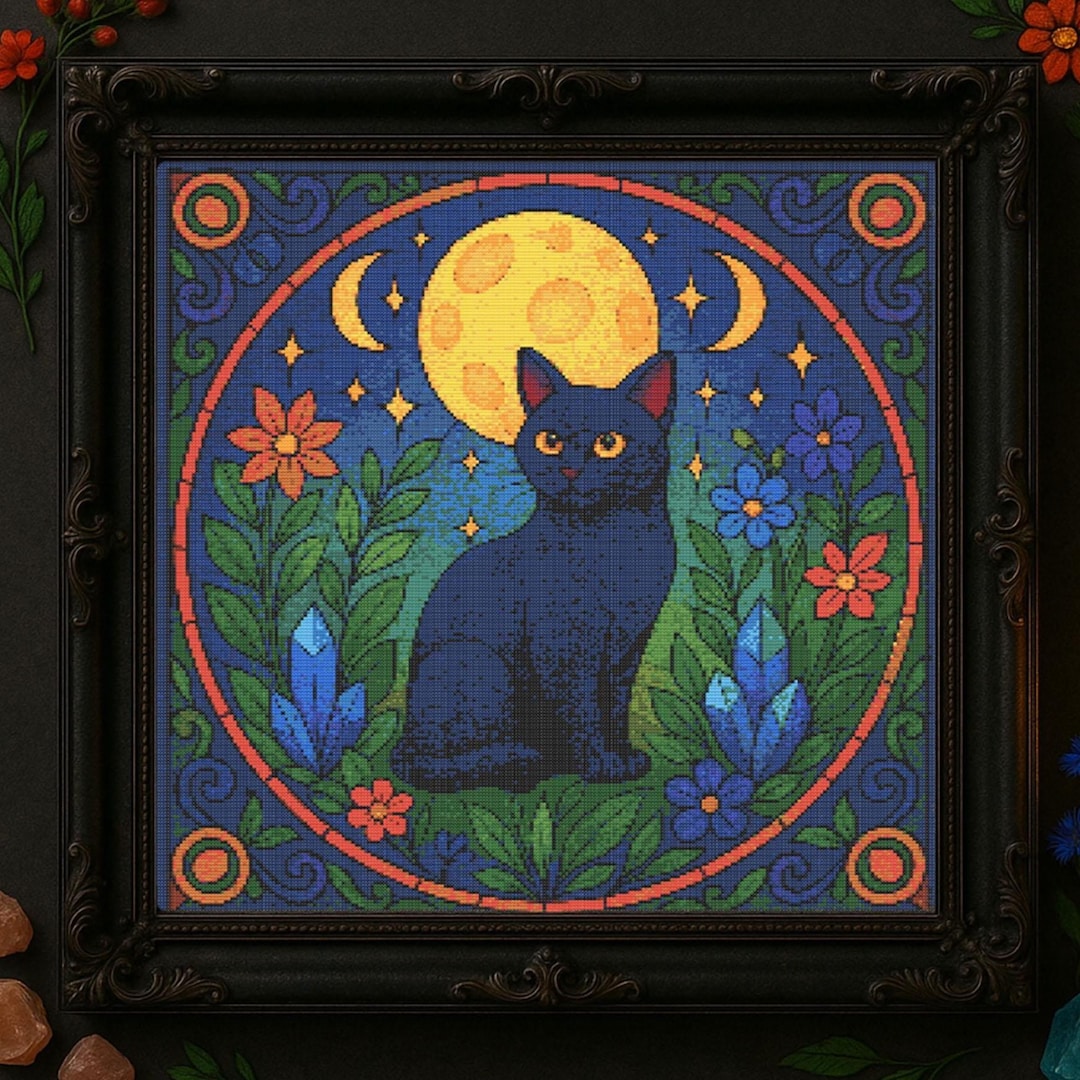 Mystical Black Cat Under Full Moon Cross Stitch Pattern Magical Moon ...