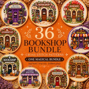 Puede incluir: Una colección digital de 36 patrones de punto de cruz con varios diseños de librerías en bastidores circulares. El texto central dice 36 BOOKSHOP BUNDLE CROSS-STITCH PATTERNS ONE MAGICAL BUNDLE INSTANT DIGITAL DOWNLOAD sobre un fondo naranja.