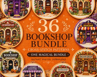 36 Bookshop Cross Stitch Bundle: Cozy Bookstore Patterns For Four Seasons Flowers Christmas Fantasy