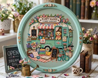 Puppy Wagon Flower Bookshop Cross Stitch Pattern: Dog Bookstore Reading Wagon Embroidery PDF