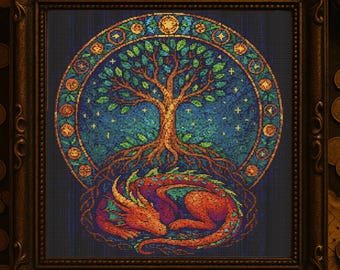 Sleeping Dragon Cross Stitch Pattern Magical Tree of life Stained Glass Embroidery Mystical Dragon Cross Stitch PDF For Fantasy Lovers