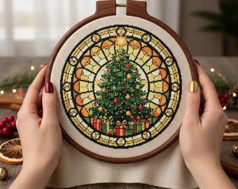 Stained Glass Christmas Tree Cross Stitch Pattern: Round Tree Window Embroidery PDF