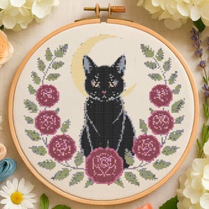 Mystical Moon Black Cat With Flower Cross Stitch Pattern Witchy Cat Celestial Embroidery Magical Floral Cat Cross Stitch PDF for Beginner