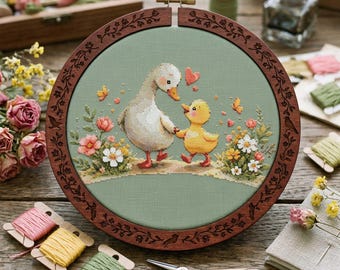 Duck Family Love Cross Stitch Pattern: Mother and Baby Duck Floral Garden Embroidery PDF