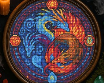 Patrón de punto de cruz de dragón Yin Yang, dragones mágicos de fuego y agua, vitrales bordados, dragón de fantasía nocturna, punto de cruz PDF para amantes