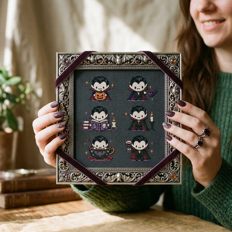 Readability Design Patterns Mini Vampire Cross Stitch Pattern: Dracula Bat Book Coffee Halloween ...