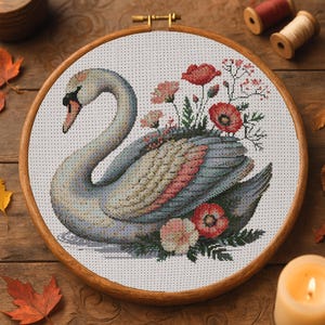 Floral Swan Cross Stitch Pattern Spring Elegant Swan Embroidery Floral Animal Nature Garden Bird Botanical Songbird Cross Stitch Beginners