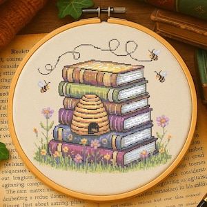 Beehive Book Stack Cross Stitch Pattern Garden Beehive and Books Embroidery Whimsical Garden Flowers Book Cottagecore Stitchers Book Lovers