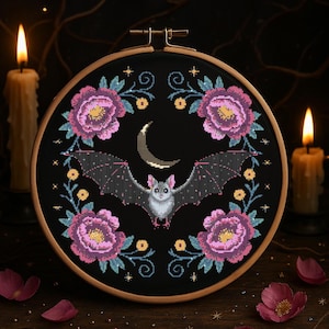 Halloween Bat with Floral  Cross Stitch Pattern Moon Bat Fantasy Embroidery Witchy Woodland Halloween gothic Cross Stitch Pattern Beginner