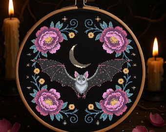 Halloween Bat with Floral  Cross Stitch Pattern Moon Bat Fantasy Embroidery Witchy Woodland Halloween gothic Cross Stitch Pattern Beginner
