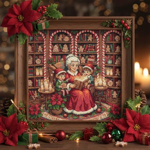 May include: A framed cross-stitch featuring a Christmas scene. It shows a woman in a red dress reading to two children in a library filled with books and gingerbread biscuits. The frame is surrounded by poinsettias, holly, and festive decorations.