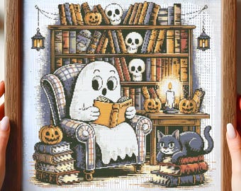 Spooky Library Ghost Cross Stitch Pattern Halloween Ghost Reading Embroidery Ghost With Book Candlelit Halloween Library Cross Stitch PDF
