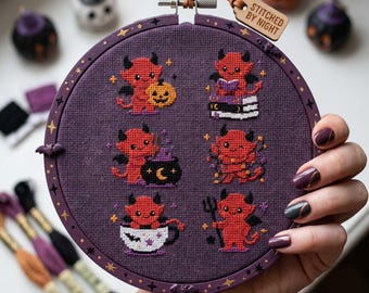 Halloween Devil Cross Stitch Pattern: Pumpkin Books Cauldron Teacup Embroidery PDF