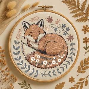 Forest Fox with Flowers Cross Stitch Pattern, Nature autumn Wildflowers Embroidery Whimsical Woodland Cute Animal Nature Stitch Pattern