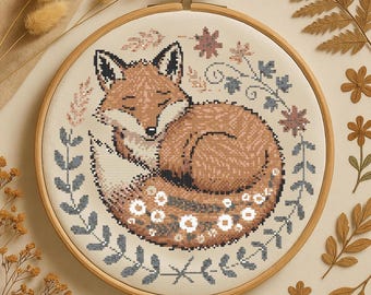 Forest Fox with Flowers Cross Stitch Pattern, Nature autumn Wildflowers Embroidery Whimsical Woodland Cute Animal Nature Stitch Pattern