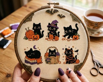 Patrón de punto de cruz de gato brujo: Bordado en PDF de cesta de calabaza con hilo de gato negro espeluznante