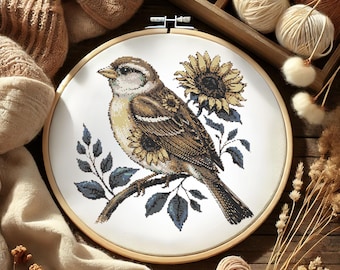 Sunflower Bird Cross Stitch Pattern, Wildflowers  Rustic Garden Bird Embroidery Cottagecore Needlework Botanical Songbird Stitch Pattern PDF