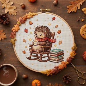 Op de afbeelding: Een borduurring met kruissteek met een herfsttafereel. Een egel met een rode sjaal zit in een schommelstoel en drinkt uit een mok. Het ontwerp bevat herfstbladeren en boeken, omringd door decoratieve bladeren.