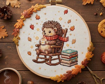 Cozy Hedgehog with Books Cross Stitch Pattern: Autumn Embroidery PDF with Scarf and Tea
