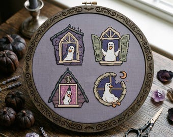 Modèle de broderie au point de croix d'oiseau gothique d'Halloween à la fenêtre : Broderie d'oie effrayante d'Halloween (PDF)